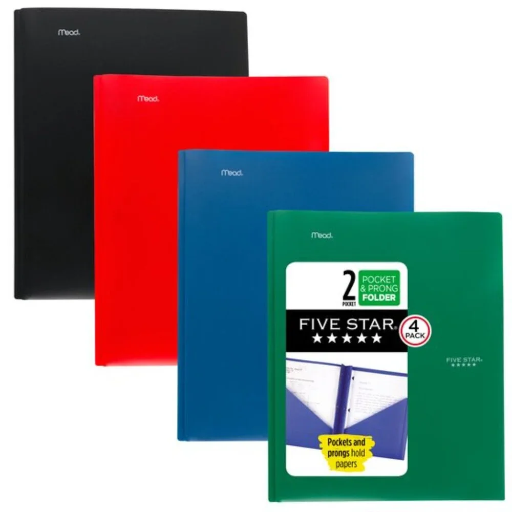 Mead Five Star Pocket Prong 2-Pocket Plastic Folder Asst Colors School Office